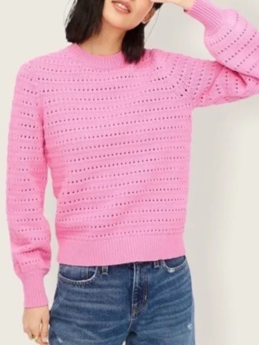 J. CREW WOMENS PINK POINTELLE CREWNECK SWEATER SMALL